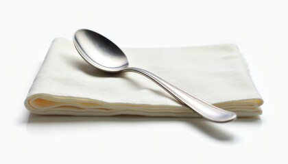 Aufkleber - Single stainless steel spoon lying diagonally on neatly folded cotton napkin, isolated, high detail, subtle shadows, clean composition
