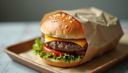 Aufkleber - A close-up of a neatly wrapped burger in plain paper, placed on a simple serving tray with soft shadows and mockup-ready and copy space