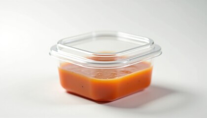 Aufkleber - A close-up of a clear plastic container with a lid, perfect for soup, sitting on a simple white background with high resolution and copy space