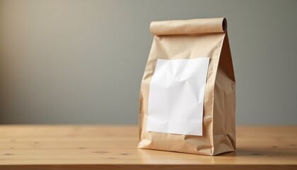 Aufkleber - A plain paper sandwich bag with a blank label space, placed on a wooden table with clean and minimalistic setup and copy space
