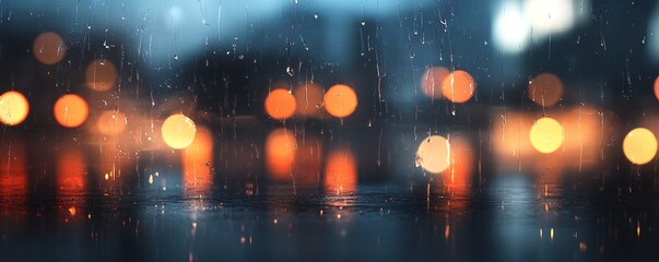 Poster - Rain falling on window with blurred city lights at night