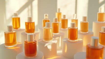 Canvas Print - collection of luxury skincare bottles, arranged symmetrically on a soft white surface, with soft, natural lighting creating an elegant and clean atmosphere