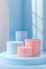 Leinwandbilder - Minimalist pastel blue and pink pedestals forming a podium in a corner
