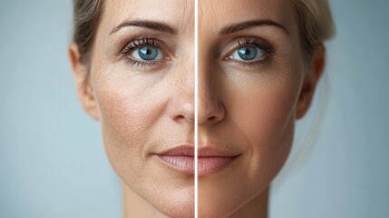 Poster - Comparison of aged and youthful skin represented by a womans face highlighting effects of time on beauty. Generative AI