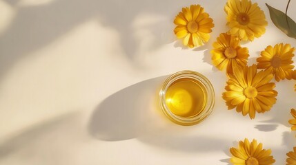 Wall Mural - handful of dried calendula flowers, placed beside a small glass jar of calendula oil, all set on a pure white surface with subtle light reflection