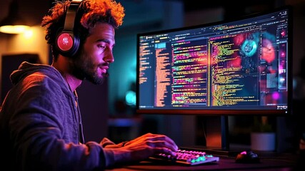 Night Coder: Focused Programmer Working on a Complex Project