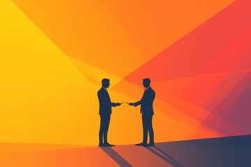Aufkleber - Silhouettes of two business professionals sealing a deal in abstract background with warm colors during sunset. Generative AI
