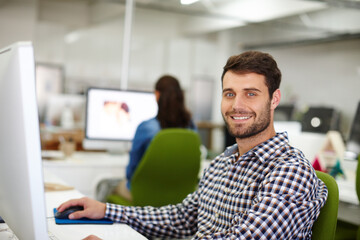 Leinwandbilder - Happy, computer and portrait of man in office for startup business review online with reading. Confident, technology and male customer experience manager with website for positive feedback on company