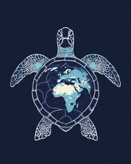 sea turtle with earth shell in blue illustration on dark background