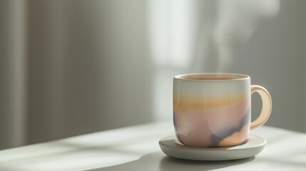 Wall Mural - fitness tracker, hand-painted ceramic mug, filled with steaming tea, placed on a clean white surface with natural light highlighting the colors of the design