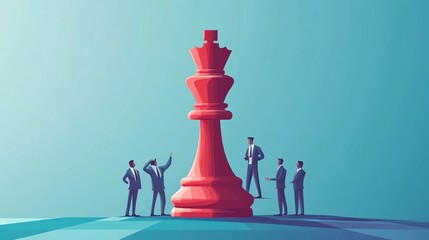 Poster - Businessmen are looking at a giant red chess king piece on a chessboard
