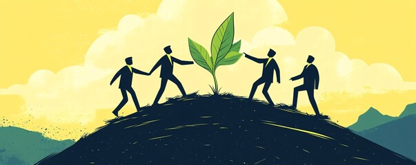Poster - Businessmen helping each other to reach growing plant on mountain top