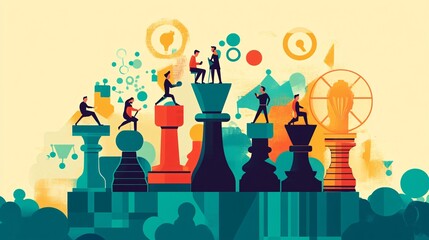 Poster - Business people moving towards goal and celebrating success on top of giant chessboard