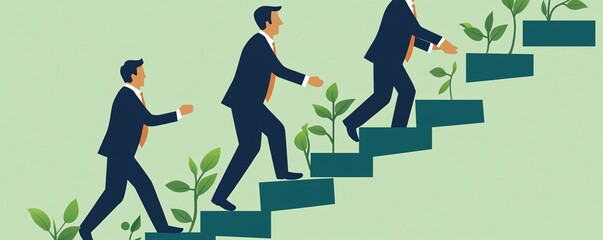 Poster - Businessmen climbing stairs of success with growing plants