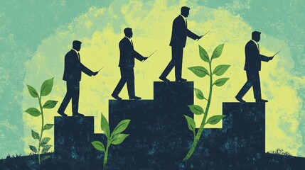 Poster - Businessmen walking up steps with growing plants represents sustainable business growth