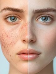 Poster - Comparison of acne prone skin and flawless skin showcasing dermatology concepts and skincare effects. Generative AI