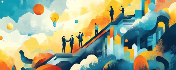 Poster - Business people climbing stairs to success with light bulb idea and cityscape background