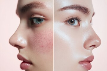 Poster - Comparison of acne prone skin and radiant skin highlighting the effects of dermatology treatments. Generative AI