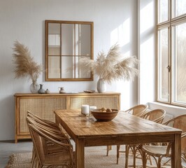 Wall Mural - Cozy Scandinavian Interior Design with Rustic Wooden Dining Table and Woven Rattan Chairs