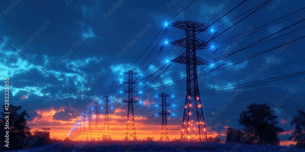 High Voltage Power Lines Twilight Sky Electric Energy Glowing ...