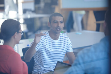 Leinwandbilder - Teamwork, business man and discussion of ideas, brainstorming project and problem solving. Planning, startup meeting and manager for product design, creative development and pitch proposal in office