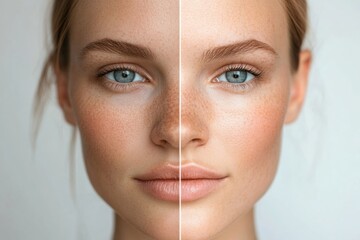 Leinwandbilder - Comparison of a womans face showing wrinkles on one side and smooth skin on the other side captured in a well lit environment. Generative AI