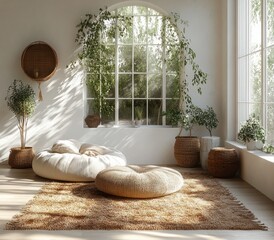 Wall Mural - Scandinavian Minimalist Living Room Interior with Large Window and Cozy Decor