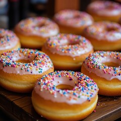 Aufkleber - Colorful donuts with frosting and sprinkles displayed on a wooden tray at a bakery. Generative AI