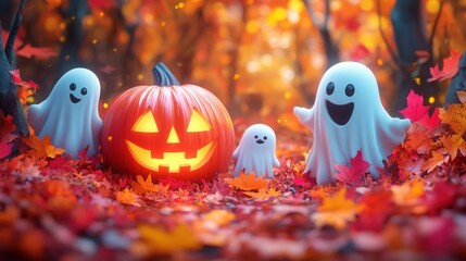 Halloween Background Illustration with Playful Ghosts and Smiling Pumpkin in Autumn Leaves