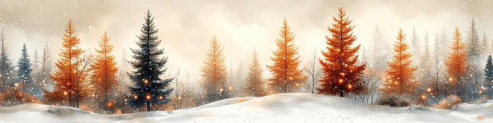 Minimalist Christmas Tree Illustration with Orange Stars and Soft Glowing Lights