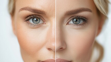 Poster - Effect of aging on skin appearance shown through split screen of a womans face with visible wrinkles and smooth skin. Generative AI