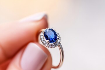 Woman is holding a ring with a blue stone in it