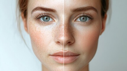 Poster - Womans face demonstrating the contrast between aged and youthful skin in a split screen perspective. Generative AI