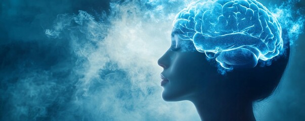 Poster - Woman relaxing with glowing brain showing memory and creativity