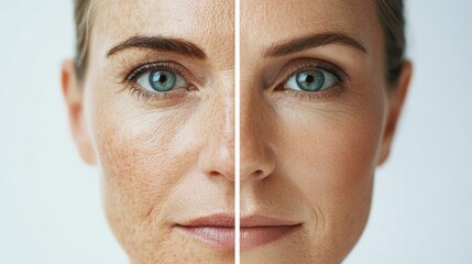 Poster - Transformation of a womans face displaying age and youth on contrasting sides with visible wrinkles and smooth skin. Generative AI