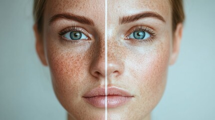 Aufkleber - Contrast of aging and youth displayed on a womans face with one side showing wrinkles and the other side smooth and flawless. Generative AI