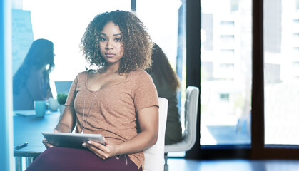 Poster - Woman, tablet and portrait for research project, online and professional journalist for story. Office, publishing agency and website for newsletter editing, proud reporter and creative employee