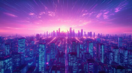 Fototapete - Futuristic Cyberpunk Cityscape at Dusk with Neon Lights and Skyscrapers