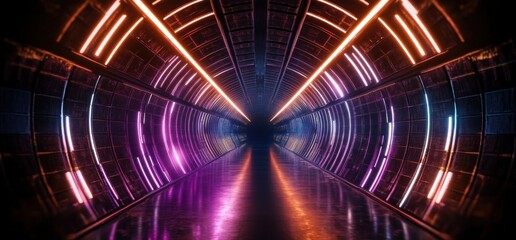 Poster - Futuristic Neon Lights Cyberpunk Tunnel 3D Rendering Fluorescent Corridor Dynamic Motion Perspective Warehouse Space