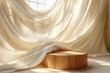 © zhuan - Elegant Wooden Podium with Flowing Silk Cloth on Brown Background for Luxury Presentation