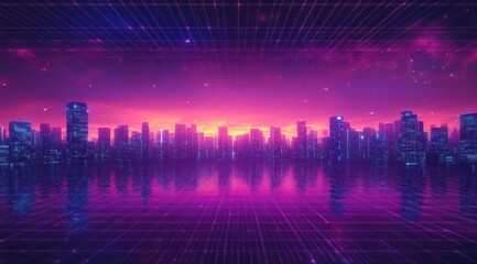 Leinwandbilder - Futuristic Cyberpunk Cityscape with Neon Colors and Glowing Skyline 3D Render