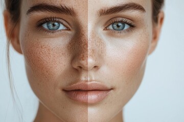 Poster - Contrast of aging and youth showcased through the split view of a womans face displaying wrinkles and smooth skin. Generative AI