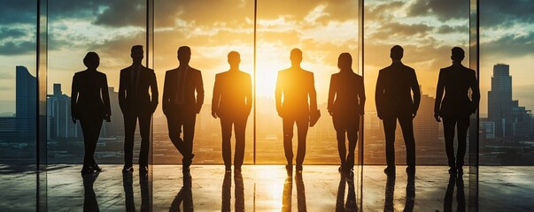 Poster - Business team standing in modern office with cityscape view at sunset