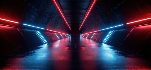 Aufkleber - Futuristic Neon Corridor with Blue Red Lights in Cyberpunk Style 3D Rendering