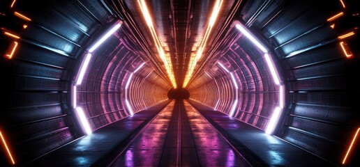 Poster - Futuristic Neon Tunnel Glowing Lights Cyberpunk 3D Rendering Sci Fi Abstract Space Corridor Showroom