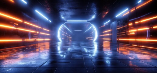 Poster - Futuristic Cyberpunk Room with Glowing Neon Lines Illuminated Glass Panels and Dark Polished Concrete Floor