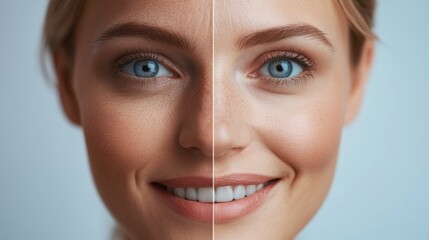 Poster - Split screen representation of aging with visible wrinkles on one side and smooth skin on the other side. Generative AI