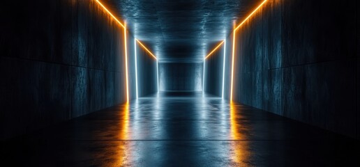 Aufkleber - Futuristic Cyberpunk Hallway with Sleek Concrete Walls and LED Lighting in a Dramatic Perspective