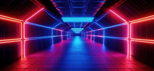 Poster - Futuristic Cyberpunk Corridor Neon Lights Industrial Warehouse 3D Rendering