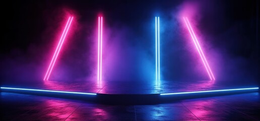 Poster - Futuristic Cyberpunk Stage with Neon Light Beams Reflective Surface Dramatic Shadows Fog Effect